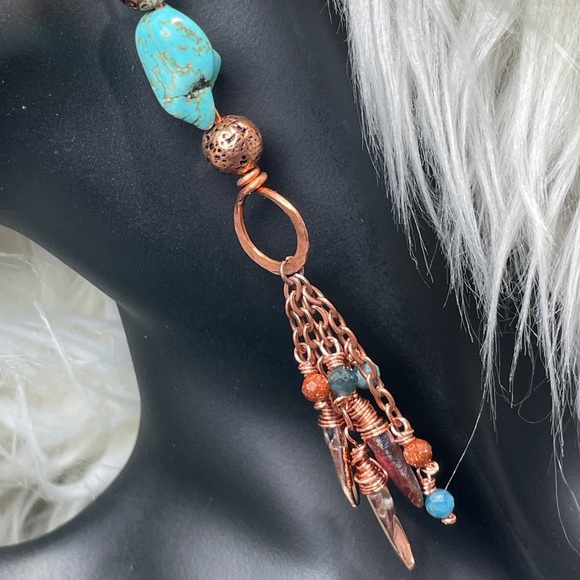 Artisan Turquoise Hand Wired Copper Fringe Dangle Earrings - Picture 5 of 14